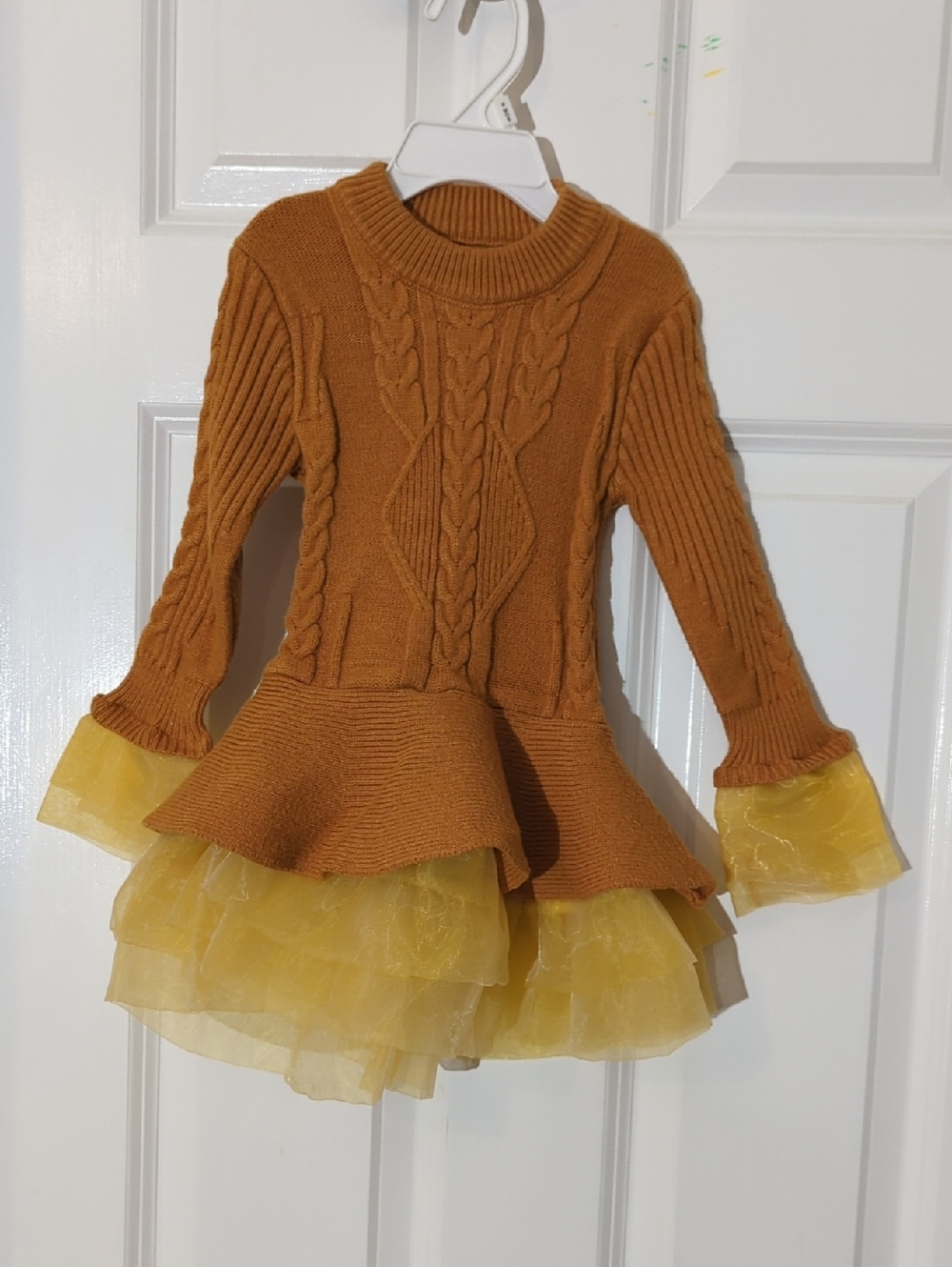 Girls' 2T Cable Knit Peplum Sweater Dress in Mustard and Yellow